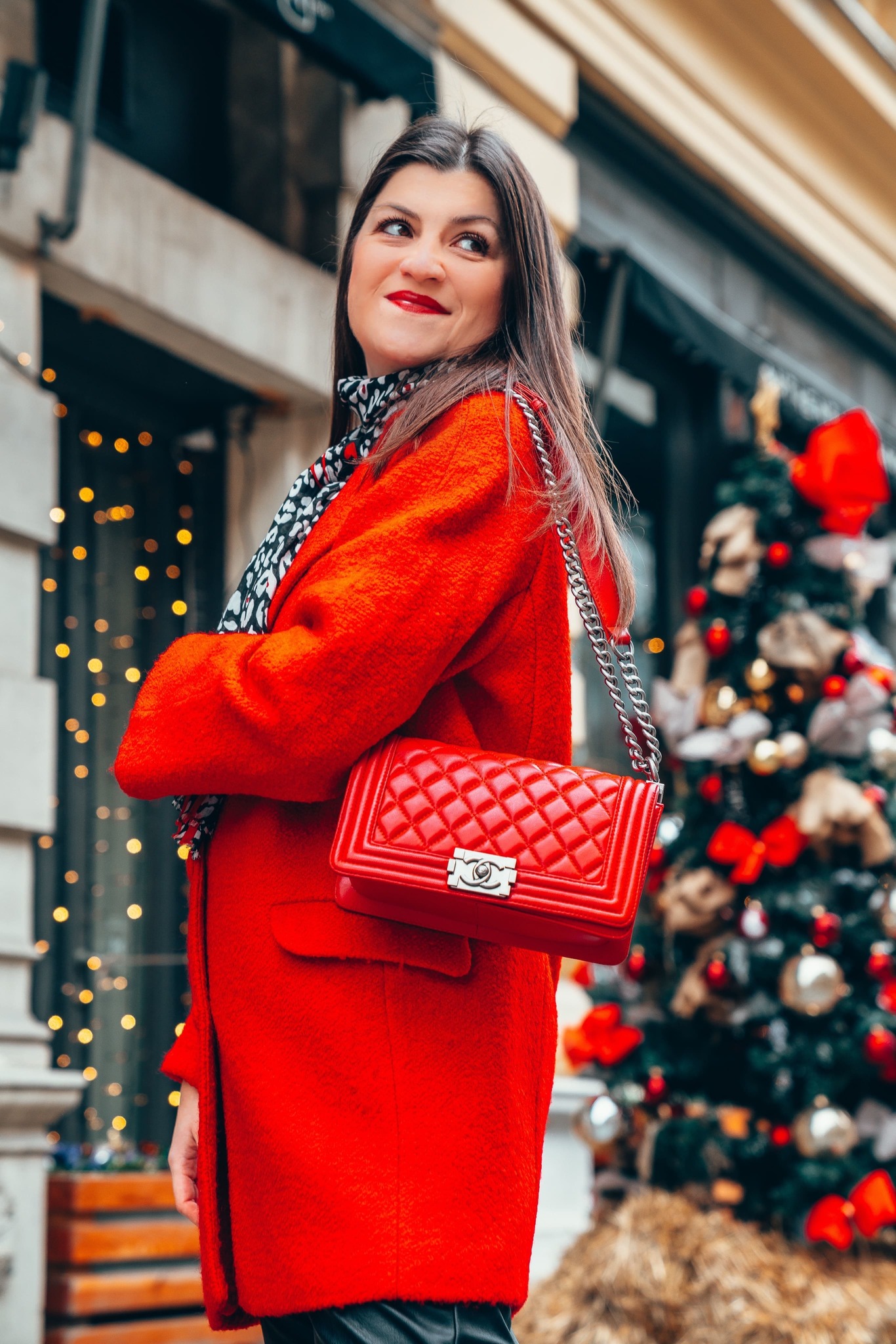 red outfit idea, chanel boy bag